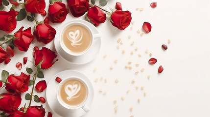 Valentine's Day coffee and roses isolated on a white background