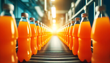 Factory producing bottled orange juice on conveyor belt