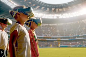 A group of children, wearing casual attire, stand on the sidelines of a football stadium, fully engaged in a virtual reality experience. 