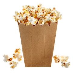 Popcorn on carton box on isolated transparent background