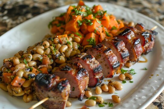 Elegant soul food dinner featuring bacon wrapped pork with sweet potato black eyed peas and macaroni salad including a Hoppen John pea mixture