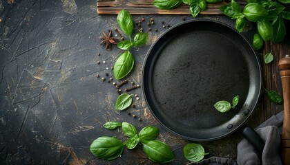 Empty black plate with basil leaves and spices on rustic wooden table - Powered by Adobe
