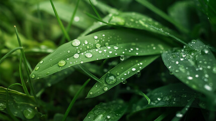 Vibrant green leaves with sparkling dewdrops, evoking the fresh atmosphere of early morning.