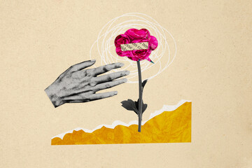 Composite photo collage of gardener hand care peony flower plant florist worker environment conservation isolated on painted background