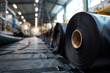 Factory making rubber conveyor belts with black rubber rolls