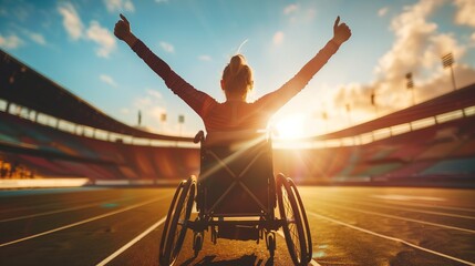 Young woman in a wheelchair on the running track at the stadium