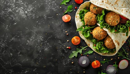 Falafel and vegetables in a tortilla on black stone