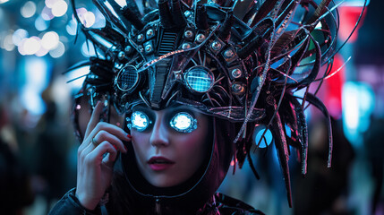 Woman with mysterious eyes wearing a complex, futuristic headgear, surrounded by a vibrant, neon-lit scene.