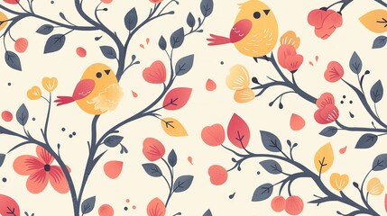 Fototapeta na wymiar spring birds with flower and tree refreshing positive feeling, seamless pattern nursery design cartoon style illustration with grungy texture, Generative Ai