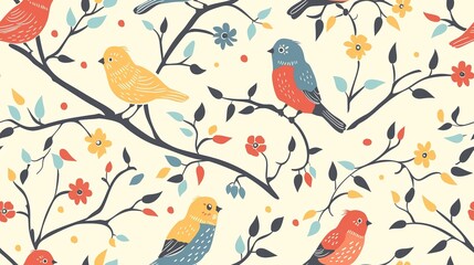 Fototapeta premium spring birds with flower and tree refreshing positive feeling, seamless pattern nursery design cartoon style illustration with grungy texture, Generative Ai