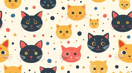 happy baby cat  kitten animal face with polka dot pastel soft tone color, seamless pattern  nursery design cartoon style illustration with grungy texture, Generative Ai