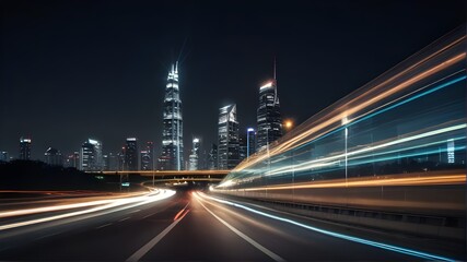 Fototapeta premium Wall Art Print, Sci-Fi Book Cover Design, Video Game Concept Art - Futuristic High-Speed Blurred Light Tail at Night City