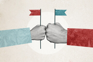 Composite photo collage of hands kick together hold flags election candidate opponent party unity...