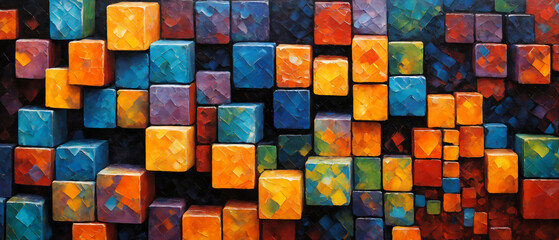 Abstract painting of large colorful cube wall, wallpaper.