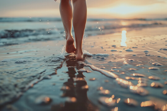 a pair of legs walking barefoot across a beach shore