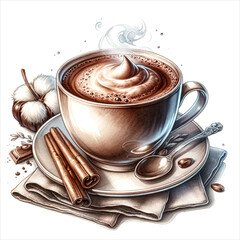 An illustration for world chocolate day, Chocolate Infused Beverage, rendered in watercolor style.