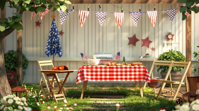 Backyard barbecue for Independence Day, 3D clipart, festive decorations, eyelevel view