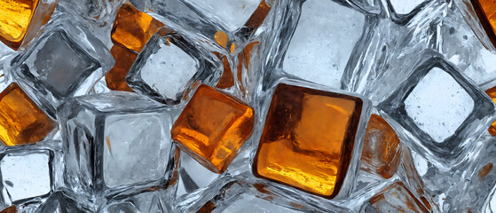 Colorless and orange ice cubes in a pile, close-up.
