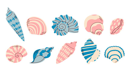 Set of seashells on white background. Ocean exotic underwater seashell conch aquatic mollusk, sea spiral snail, marine starfish. Hello, summer. Vacation. Undersea collection, tropical beach.