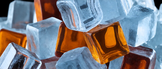 Colorless and orange ice cubes in a pile, close-up.
