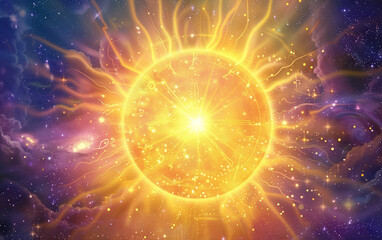 Celestial Harmony: Radiant Burst from Central Sun of universe with shining stars