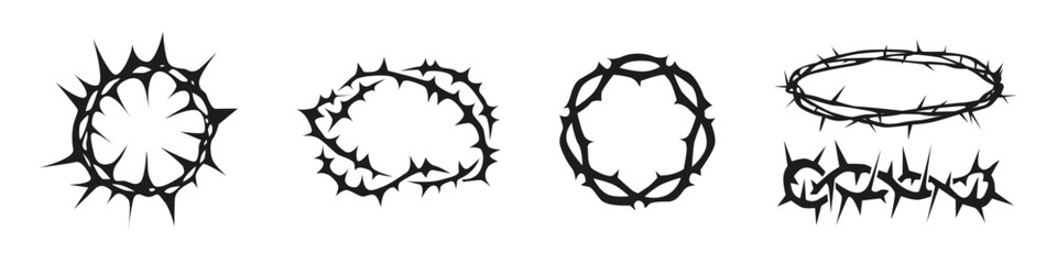 Wreath with thorns vector silhouette. Crown with thorn set. Spiritual symbol collection.