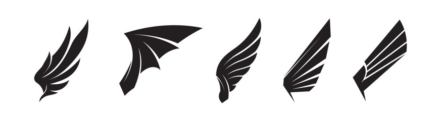 Wings vector logo set. Flying concept logotype. Wing abstract silhouette collection.
