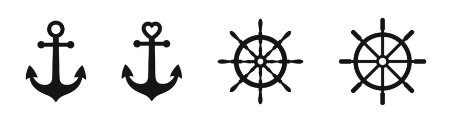 Anchor and steering wheel vector icons. Anchors and rudder icon set.