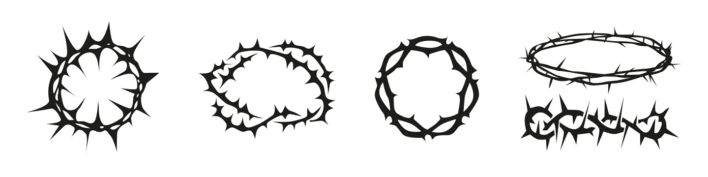 Wreath with thorns vector silhouette. Crown with thorn set. Spiritual symbol collection.