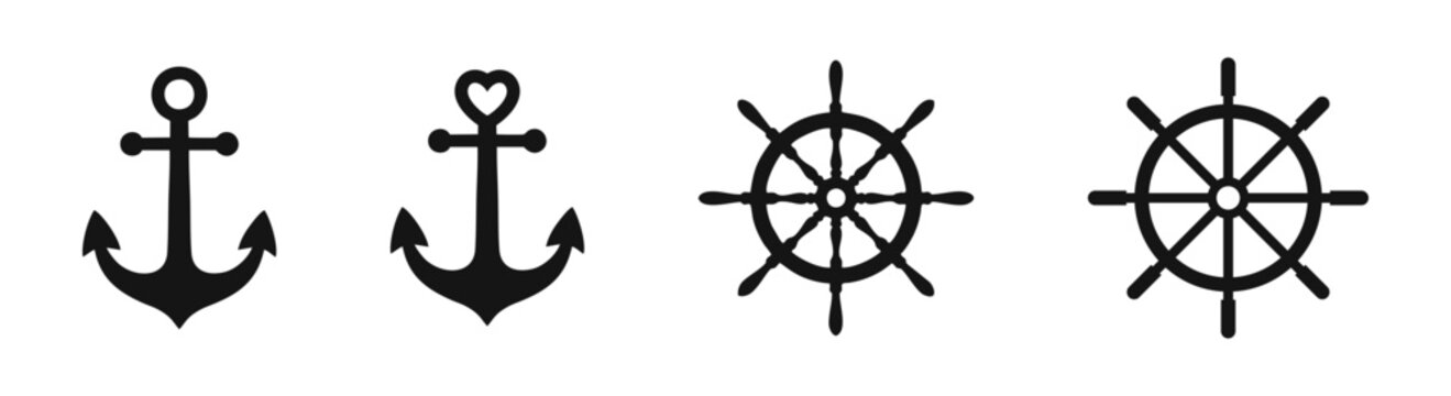 Anchor and steering wheel vector icons. Anchors and rudder icon set.