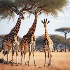 Three giraffes standing under a tree
