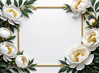 White peony flower bouquet border. Flat lay, top view. Frame template for web, wedding invitation, Mothers and Womans day. Floral composition with copy space. 
