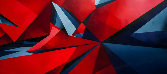 An abstract design featuring sharp geometric shapes, predominantly in vivid red with accents of deep blue, resembling a modern art piece captured in high-definition