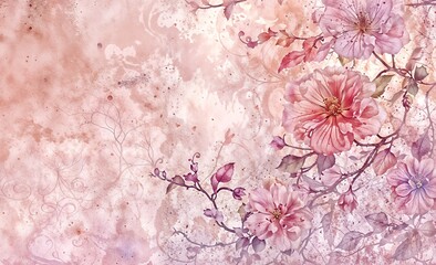 Delicate floral design with pink blossoms over a textured, abstract background