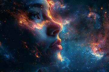 Surreal illustration of a girl's head surrounded by stars and nebulae, depicting her mind lost in the cosmos.