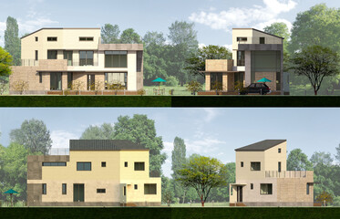Fototapeta na wymiar house in the suburbs, Elevation illustration of a modern luxury single-family home