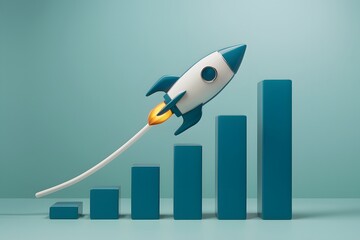 Blue and white rocket flying over bar graphs, reaching highest point, symbolizing growth