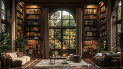 Neo-Victorian smart home library, walnut bookshelves, brass accents, soft candlelight, wide lens