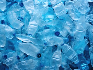 Color contrast between vivid blue background and white crushed plastic bottles, emphasizing the theme of ecofriendly practices