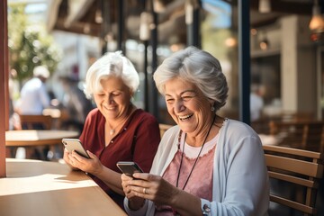 Cheerful elderly women browsing social media on a smartphone, shaded patio restaurant