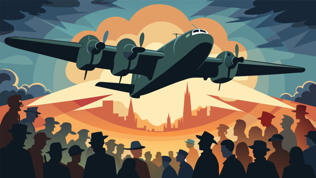 The imposing shadow of a majestic B17 bomber looms over the audience transporting them back in time to a pivotal moment in history.. Vector illustration