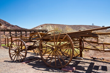 Old abandoned traditional wooden carriage in Calico - ghost town and former mining town in San...