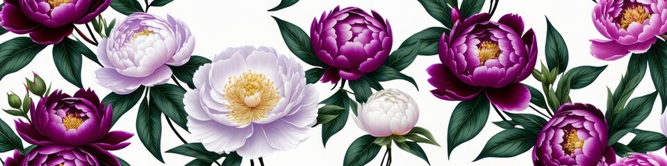 Banner with watercolor purple and lilac peony flowers on light background. Flat lay, top view. Frame template for web, wedding invitation, Mothers and Womans day. Floral composition with copy space.
