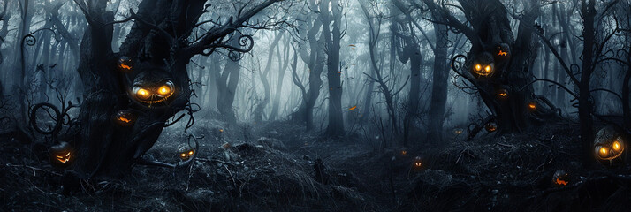 Glowing Eyes in a Dark and Twisted Halloween Forest