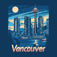 A cityscape of Vancouver with a large building in the center. The city is lit up at night