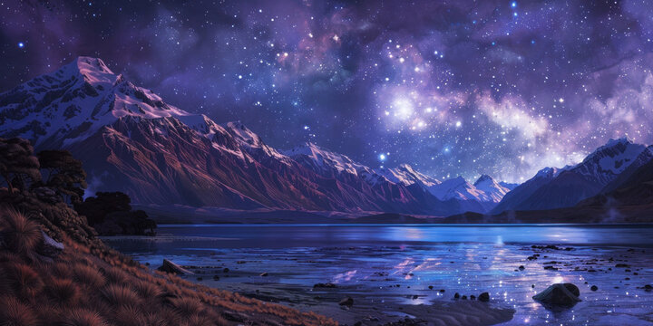 Beautiful night landscape with mountains, lake, and starry sky for Maori New Year celebration, banner