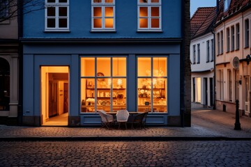 A Minimalist Bakery Nestled in a Quaint Town, with a Warm Glow from the Inside Illuminating the...