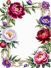 Watercolor gold wedding frame, purple and red peony flowers on light background. Flat lay, top view. Frame template for wedding invitation, Mothers and Womans day. Floral composition with copy space.
