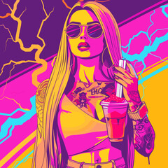 A woman with long hair is holding a drink and wearing sunglasses