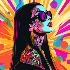 A woman with long black hair and sunglasses is the main subject of the image